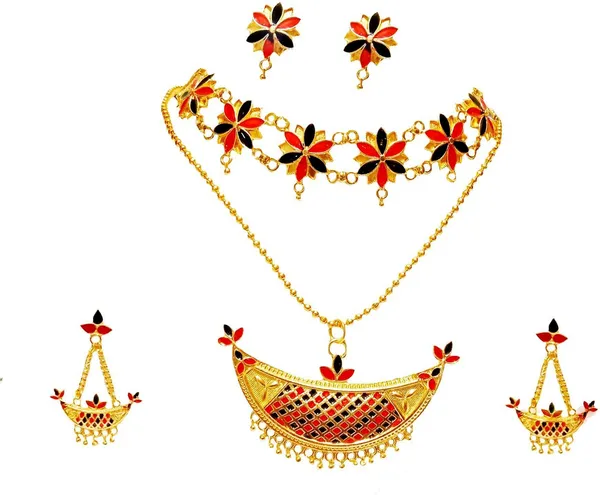 Assamese_Traditional_Gold_Plated_Red_Black_Colour_Combo_Jewellery_Set_For_Women